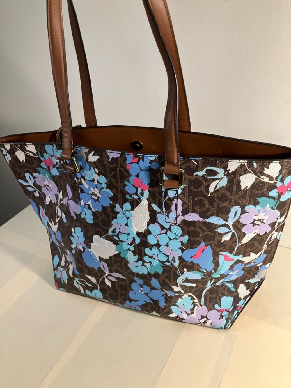 Calvin Klein Brown Floral Tote with Blue, Purple & Pink Accents - Picture 3 of 8